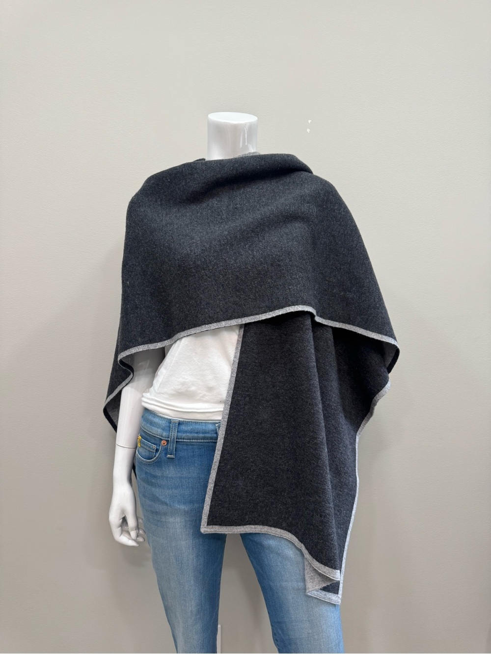 KERISMA Charcoal Gray Reversible Wrap Shawl Poncho Cape Light Gray Trim One Size
